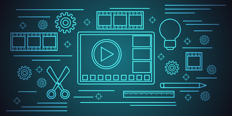 Concept image of video editing, featuring a play button, film strips, gears, a light bulb, and tools such as scissors and a pencil.