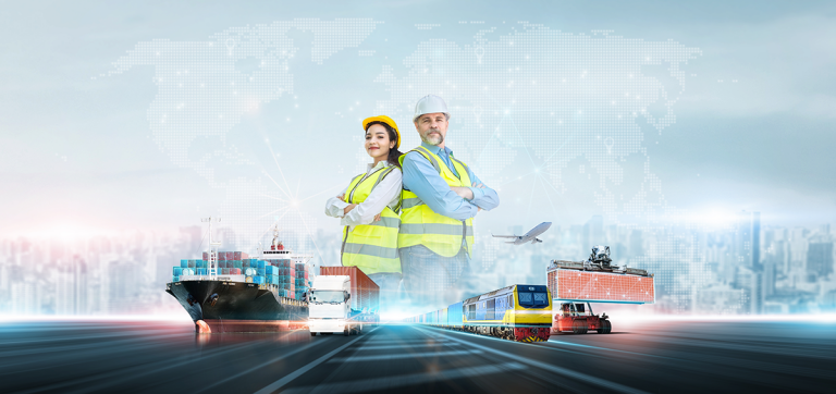 Two logistics professionals standing in front of different transport modes — cargo ship, truck, train, airplane, and container handler — in a global setting.