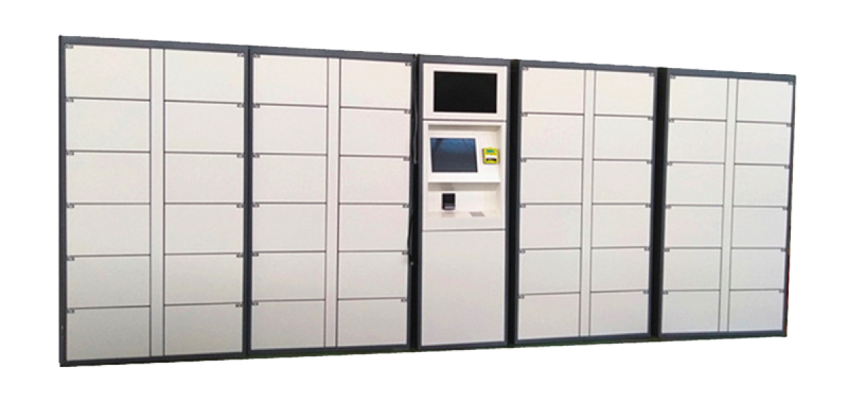 Parcel locker with multiple compartments and a user interface with screens.