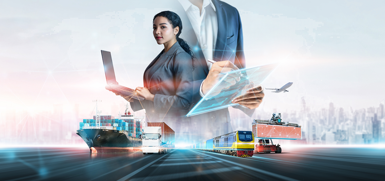 Logistics professionals using digital tools, with various transport modes in the background including a ship, truck, train, airplane, and container crane.