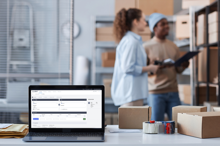 Tietokoneen näytöllä näkyy Shipit-lähetystyökalu, taustalla kaksi henkilöä työskentelee varastossa pakkausten parissa.
