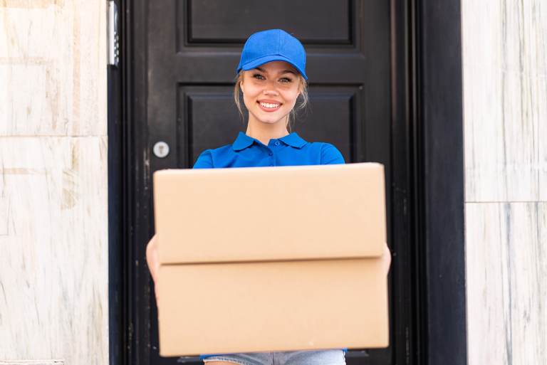 Naislähetti hymyilee ja ojentaa pakettia oven edessä.