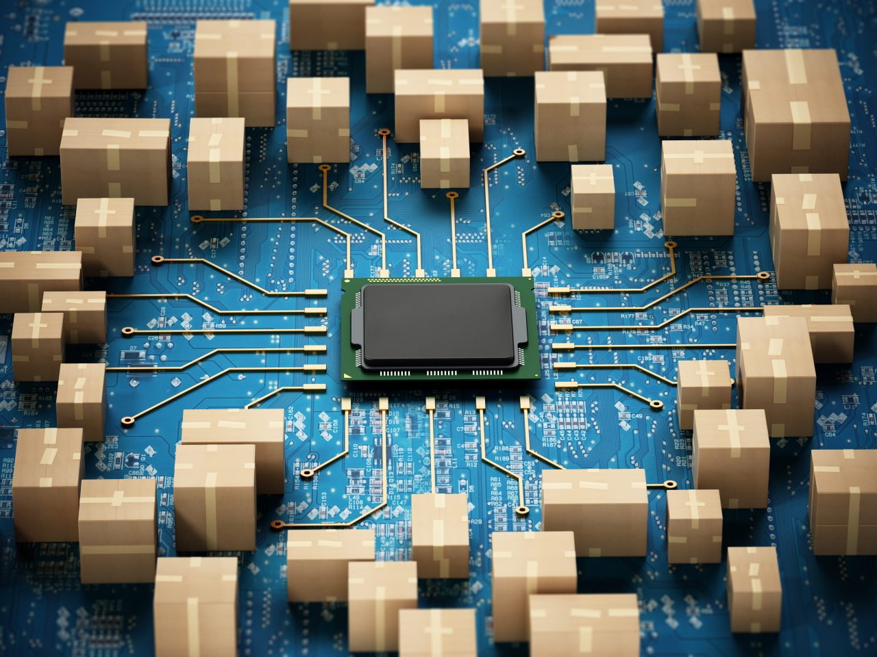 Ett kretskort med en mikroprocessor i mitten omgiven av många kartonger, som symboliserar digital logistik och automatiserad lagerhantering.