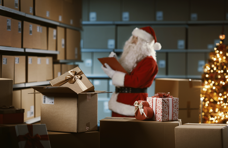 Jultomten granskar önskelistan i ett lager fullt av paket, med en julgran i bakgrunden. I förgrunden syns en öppen låda och julklappar.