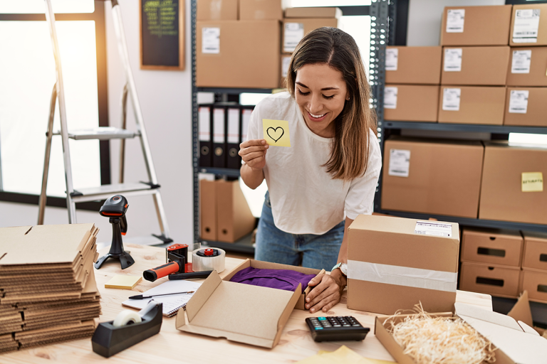 Leende kvinna lägger en lapp med hjärta i ett paket vid packbordet.